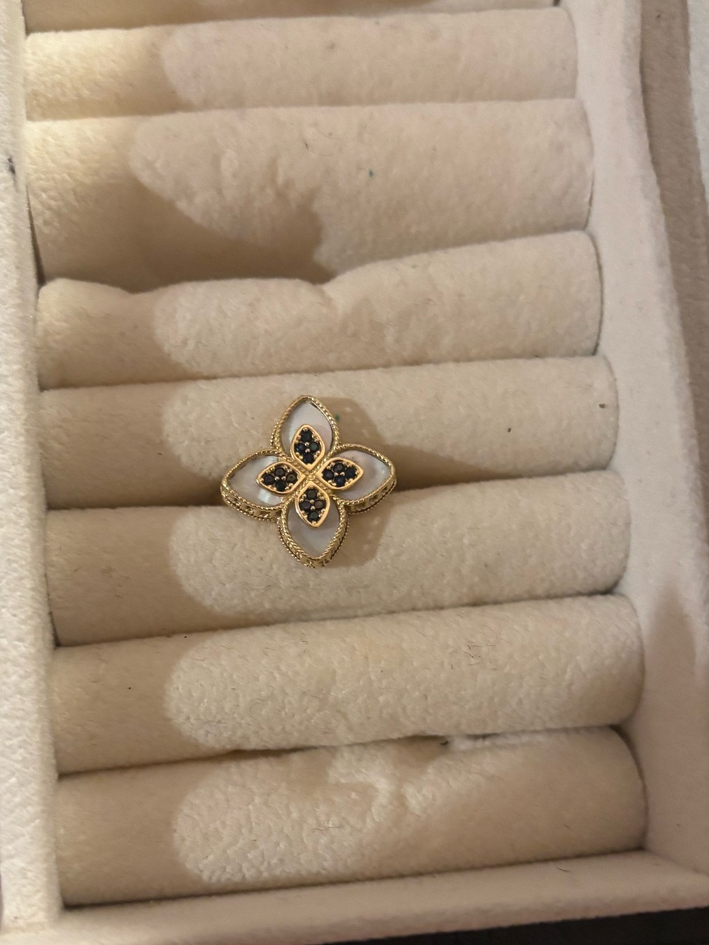 14k Gold and White Floral Motif Ring with Black Stone Accents